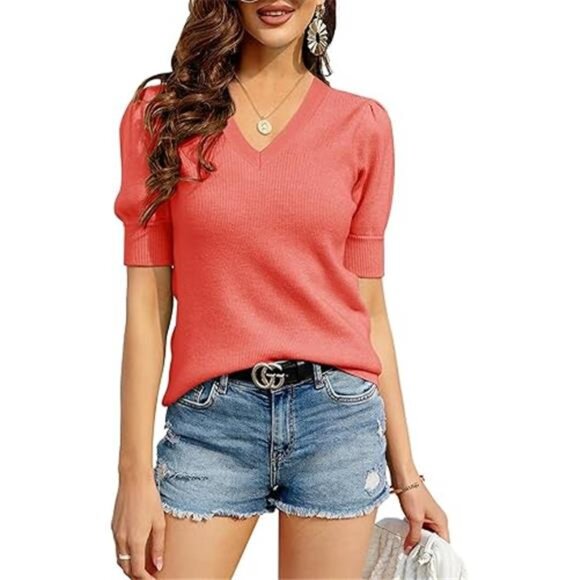 Womens Puff Short Sleeve Sweater Crew Neck Pullover Tops Ribbed Knit Sweater - Picture 3 of 3